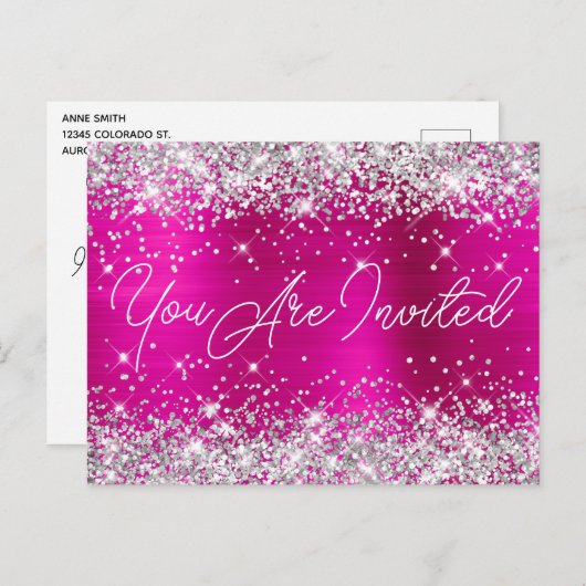Silver Glitter en Hot Pink Glam 90th Birthday Uitnodiging Briefkaart (Voorkant / Achterkant)