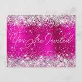 Silver Glitter en Hot Pink Glam 90th Birthday Uitnodiging Briefkaart (Voorkant)