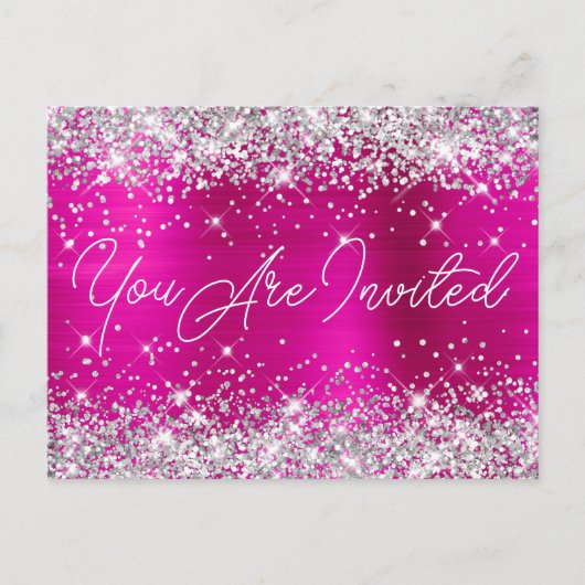 Silver Glitter en Hot Pink Glam 90th Birthday Uitnodiging Briefkaart (Voorkant)