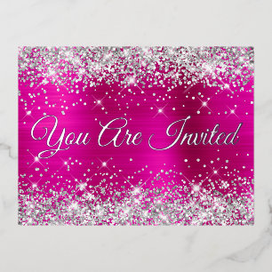 Silver Glitter en Hot Pink Glam Quinceañera Folie Uitnodiging Briefkaart