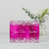 Silver Glitter en Hot Pink Glam Quinceañera Folie Uitnodiging Briefkaart (Staand Voorkant)