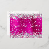 Silver Glitter en Hot Pink Glam Quinceañera Folie Uitnodiging Briefkaart (Voorkant / Achterkant)