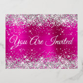 Silver Glitter en Hot Pink Glam Quinceañera Folie Uitnodiging Briefkaart (Voorkant)