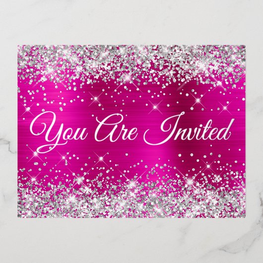 Silver Glitter en Hot Pink Glam Quinceañera Folie Uitnodiging Briefkaart (Voorkant)