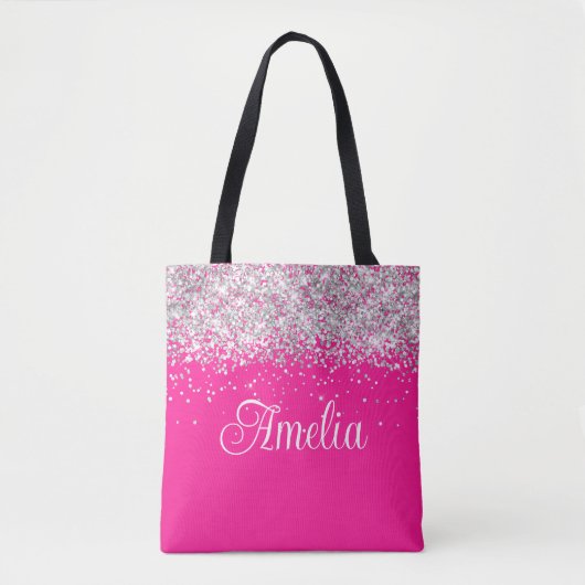 Silver Glitter en Hot Pink Monogram Tote Bag (Voorkant)