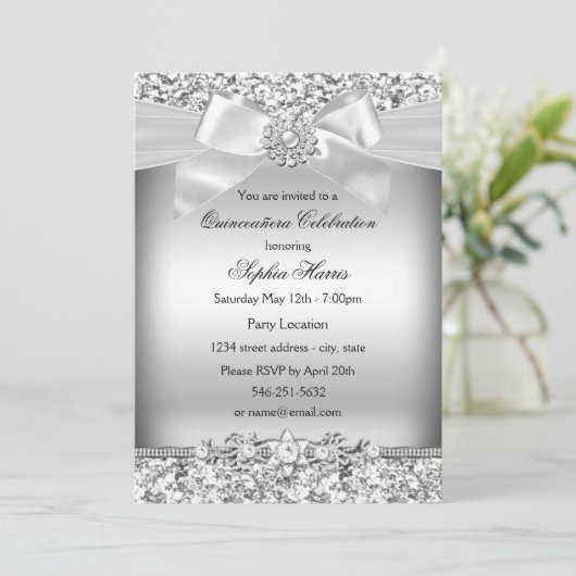 Silver Glitter en Jewel Bow Quinceanera Kaart (Staand voorkant)