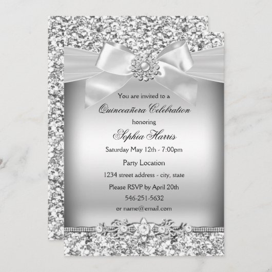 Silver Glitter en Jewel Bow Quinceanera Kaart (Voorkant / Achterkant)