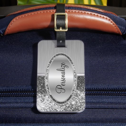 Silver Glitter en Metal Brush Steel Print Bagagelabel (Voorkant Insitu 2)