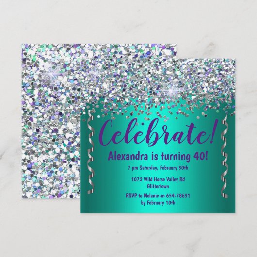 Silver Glitter en Metallic Blauwgroen 40th Birthda Kaart (Voorkant / Achterkant)