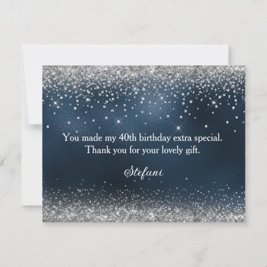 Silver Glitter en Navy Blue Folie 40e verjaardag Bedankkaart (Achterkant)
