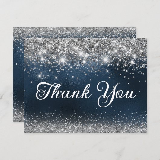 Silver Glitter en Navy Blue Folie 40e verjaardag Bedankkaart (Voorkant / Achterkant)