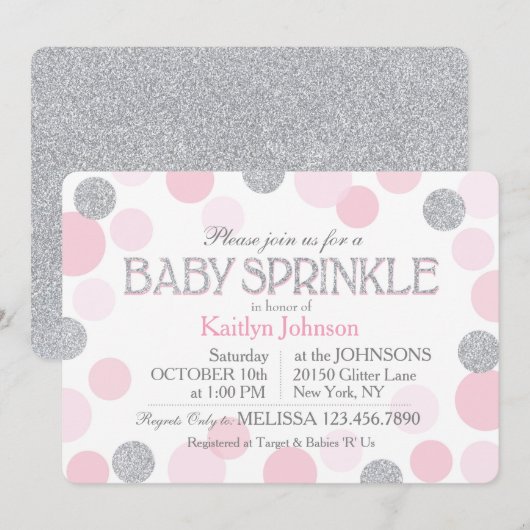 Silver Glitter en Pink Scattered Stippen Baby show Kaart (Voorkant / Achterkant)
