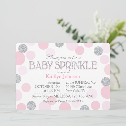 Silver Glitter en Pink Scattered Stippen Baby show Kaart (Staand voorkant)