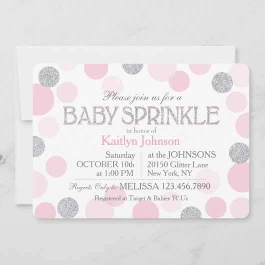 Silver Glitter en Pink Scattered Stippen Baby show Kaart (Voorkant)