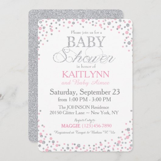 Silver Glitter en Pink Sprinkle Baby shower Kaart (Voorkant / Achterkant)
