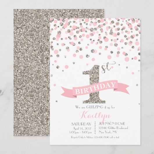 Silver Glitter en Pink Sprinkles Modern Birthday Kaart (Voorkant / Achterkant)