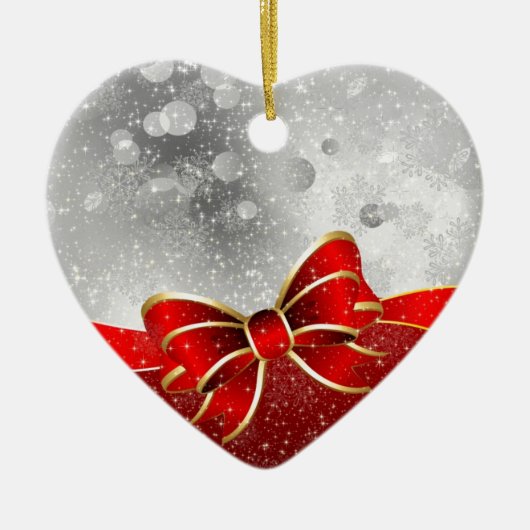 Silver Glitter en Red Kerstmis Sparkles Bow Keramisch Ornament (Voorkant)