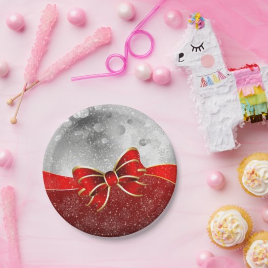 Silver Glitter en Red Kerstmis Sparkles Bow Papieren Bordje (Feest)