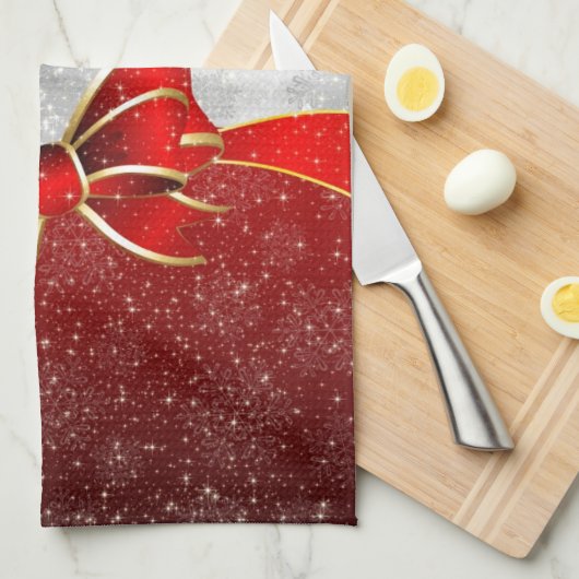 Silver Glitter en Red Kerstmis Sparkles Bow Theedoek (Quarter Fold)