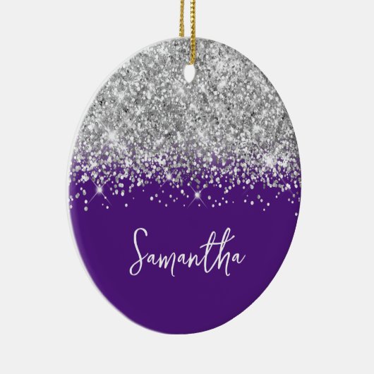 Silver Glitter en Royal Paarse Glam Naam Keramisch Ornament (Rechts)
