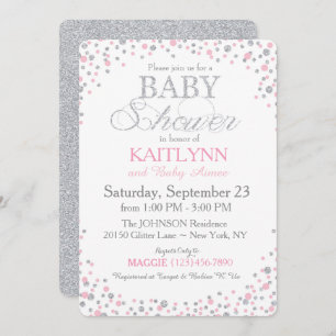 Silver Glitter en Roze Baby shower Kaart
