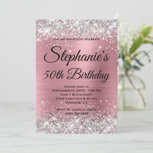 Silver Glitter en Roze Folie Fancy Monogram Kaart (Staand voorkant)