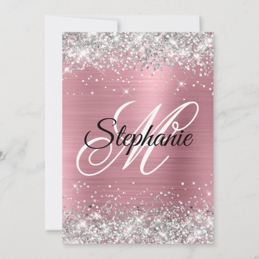 Silver Glitter en Roze Folie Fancy Monogram Kaart (Achterkant)