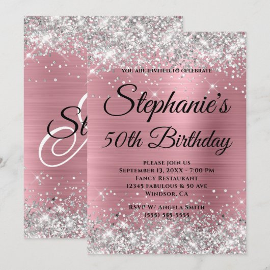 Silver Glitter en Roze Folie Fancy Monogram Kaart (Voorkant / Achterkant)