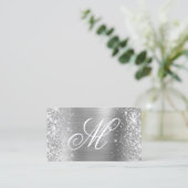 Silver Glitter en Shiny Folie Fancy Monogrammen Visitekaartje (Staand voorkant)