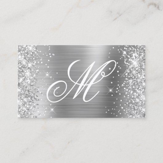 Silver Glitter en Shiny Folie Fancy Monogrammen Visitekaartje (Voorkant)