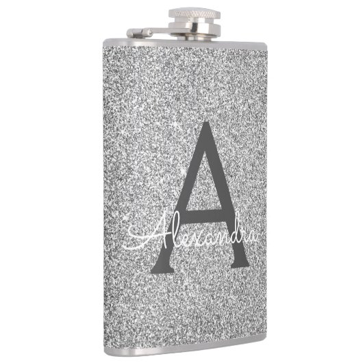 Silver Glitter en Sparkle Monogram Initiaal Heupfles (Rechts)