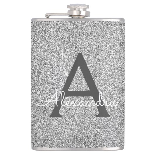 Silver Glitter en Sparkle Monogram Initiaal Heupfles (Voorkant)