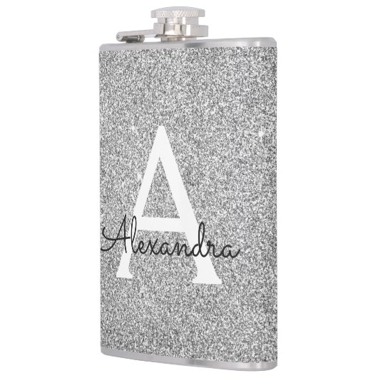 Silver Glitter en Sparkle Monogram Initiaal Heupfles (Links)