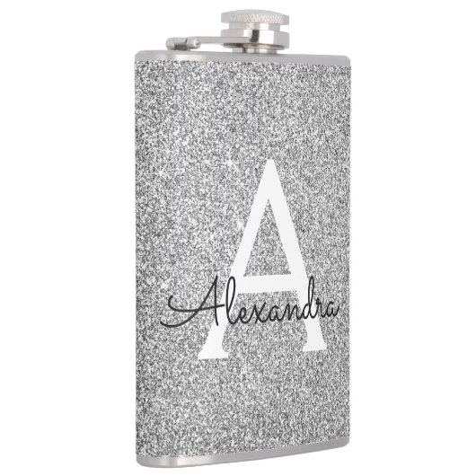 Silver Glitter en Sparkle Monogram Initiaal Heupfles (Rechts)