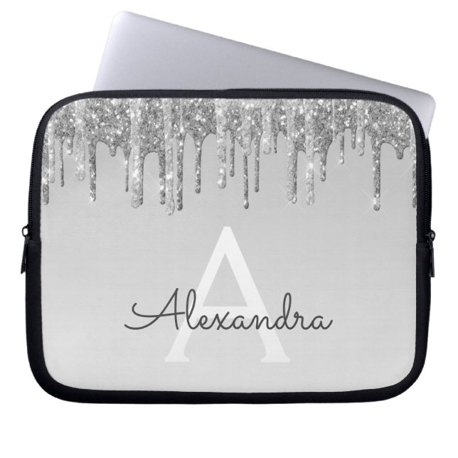 Silver Glitter en Sparkle Monogram Laptop Sleeve (Voorkant)