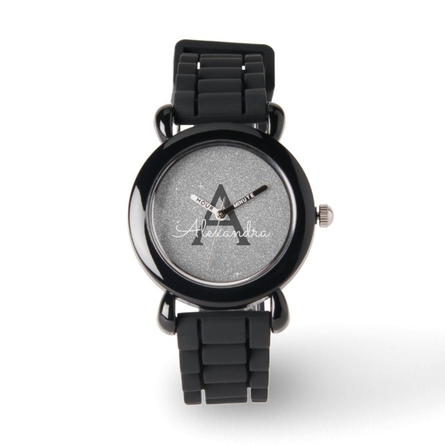 Silver Glitter en Sparkle Monogram Luxe Horloge (Voorkant)
