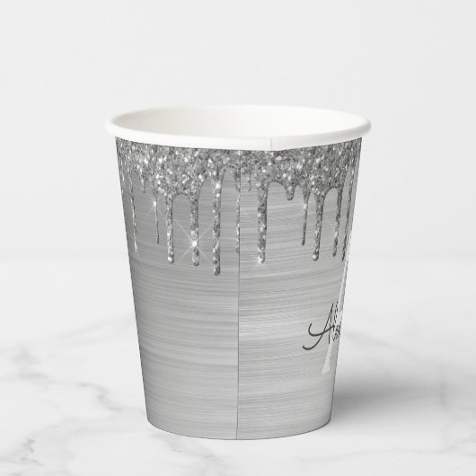 Silver Glitter en Sparkle Monogram Papierbekertjes Papieren Bekers (Rechts)
