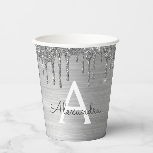 Silver Glitter en Sparkle Monogram Papierbekertjes Papieren Bekers (Voorkant)