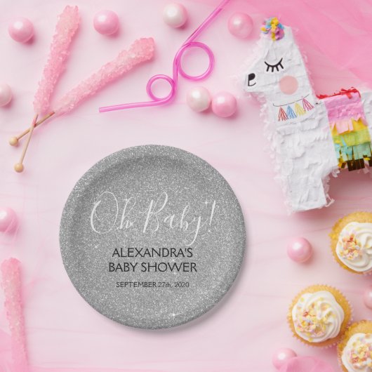 Silver Glitter en Sparkle Oh Baby! douchen Papieren Bordje (Feest)