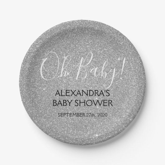Silver Glitter en Sparkle Oh Baby! douchen Papieren Bordje (Voorkant)