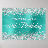 Silver Glitter en Turquoise Folie 50e Verjaardag Poster (Voorkant)