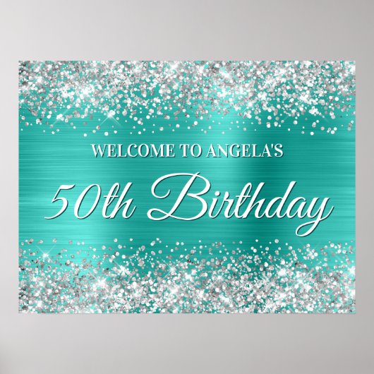 Silver Glitter en Turquoise Folie 50e Verjaardag Poster (Voorkant)