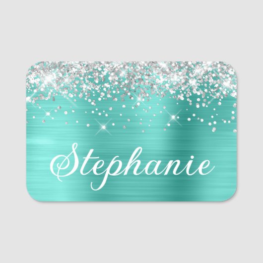 Silver Glitter en Turquoise Folie First Naamplaatje (Voorkant)