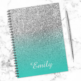 Silver Glitter en Turquoise Ombre Personalized Notitieboek