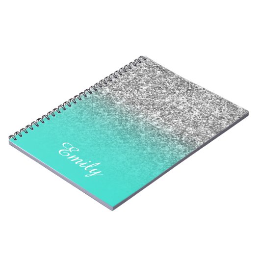 Silver Glitter en Turquoise Ombre Personalized Notitieboek (Linkerzijde)
