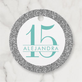 Silver Glitter en Turquoise Quince Años Bedankjes Labels