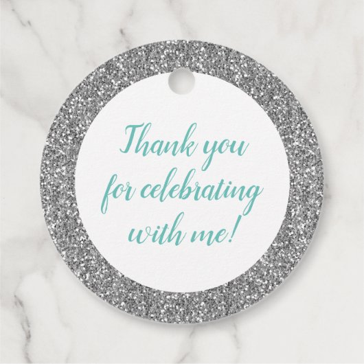 Silver Glitter en Turquoise Quince Años Bedankjes Labels (Achterkant)