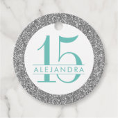 Silver Glitter en Turquoise Quince Años Bedankjes Labels (Voorkant)