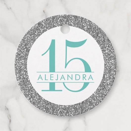 Silver Glitter en Turquoise Quince Años Bedankjes Labels (Voorkant)