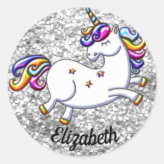 Silver Glitter en Unicorn Ronde Sticker (Voorkant)